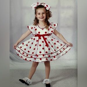 COSTUME GALLERY Child Size Small White Dress with Red Polka Dots Bows